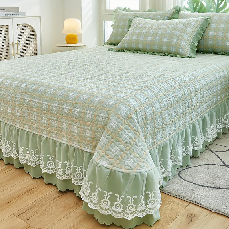 2025新款水洗棉麻床盖单件床裙三件套床罩带裙边绗缝床单四季通用