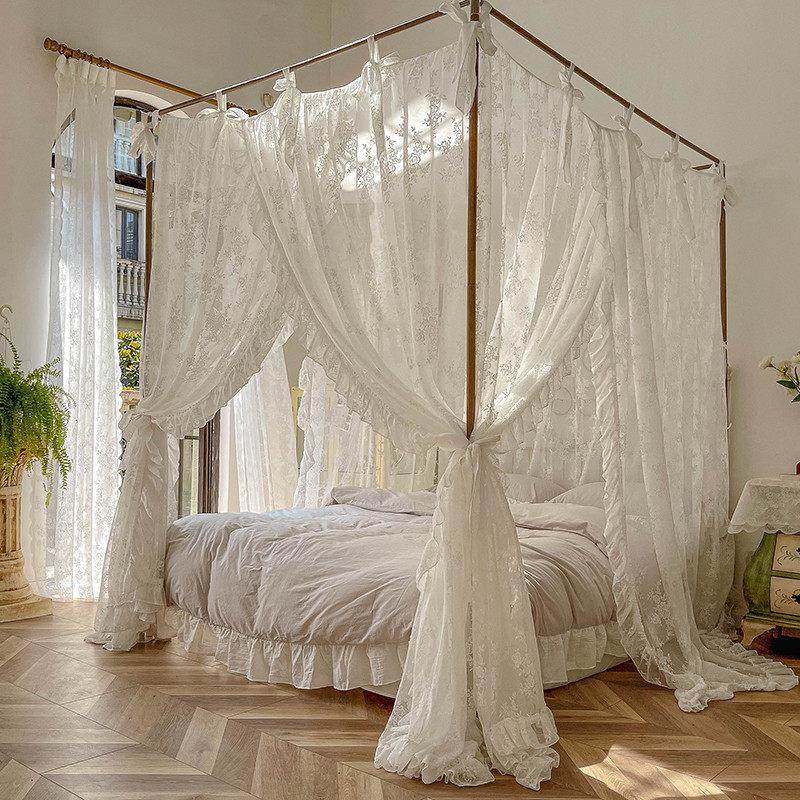 家用卧室公主风蕾丝宫廷蚊帐落地三开门遮光防尘加密亚麻床幔法式