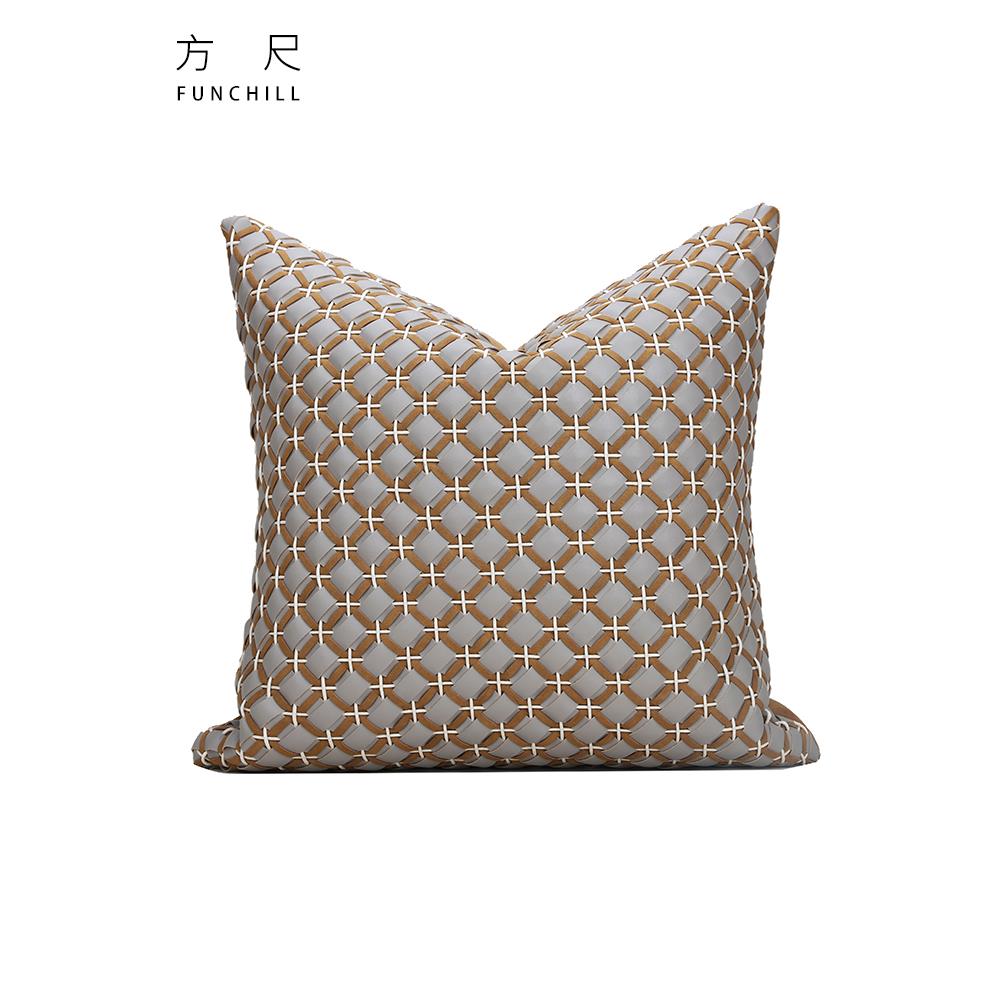 FANCY轻奢灰黄咖色皮绒抱枕沙发手工编织靠包样板房间设计师靠垫