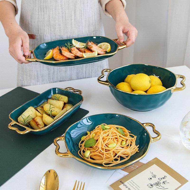 创意北欧风陶瓷餐具祖母绿个性双耳碗盘套装网红金边波浪型家用盘,餐饮具,盘,淘宝优惠券,粉丝福利购,淘宝优惠卷