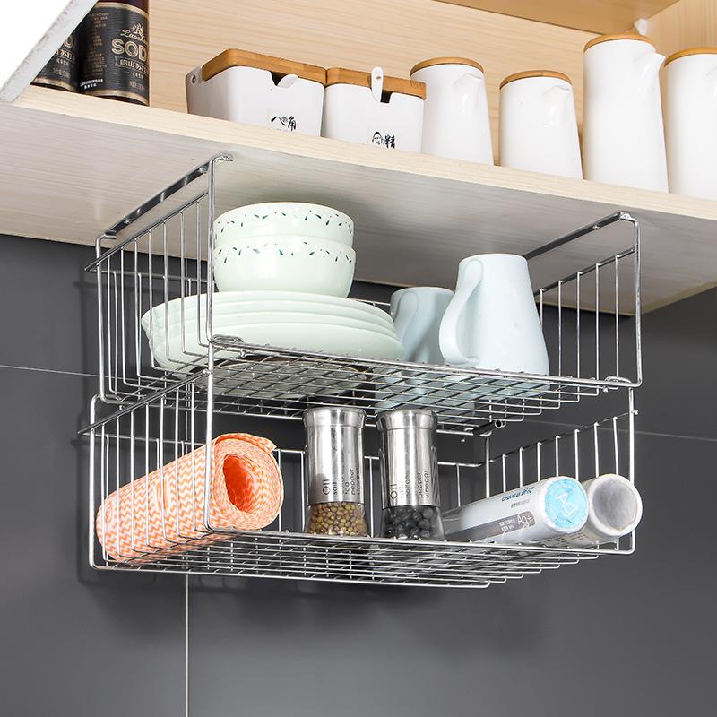 厨房整体橱柜下挂篮隔板分层架不锈钢多功能吊柜下挂架挂钩置物架