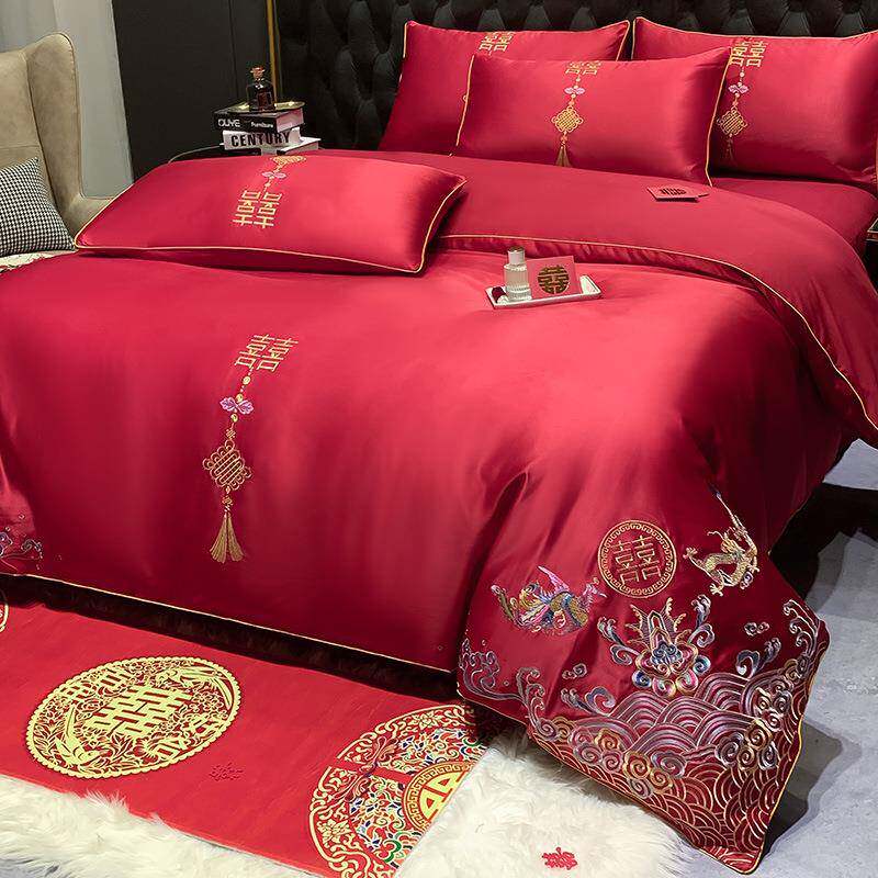 高档欧式婚庆四件套棉大红色刺绣磨毛被套结婚床上用品陪嫁婚房