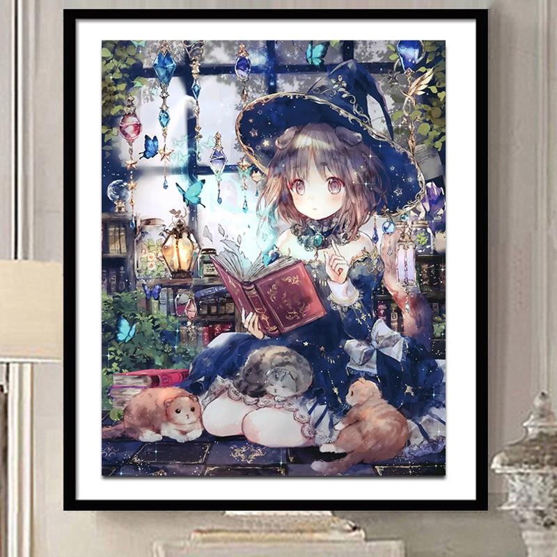 卡通动漫少女钻石画满钻新款2025可爱小幅猫咪女孩贴钻十字绣卧室