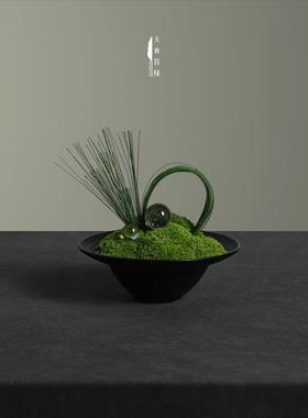 天青苔绿 新中式陶瓷永生苔藓组合 样板房茶几洽谈桌床头柜摆件