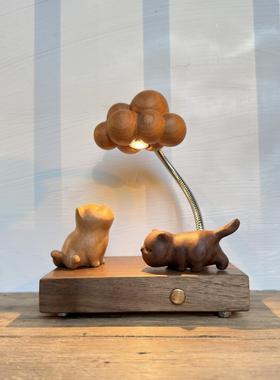 木雕猫咪元素充电小夜灯桌面装饰木质创意礼品原木制实木夜灯摆件