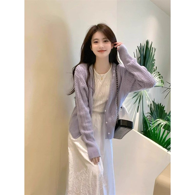 速发温色紫慵马海毛镂空针织开衫春季柔懒风薄款毛衣外套上衣