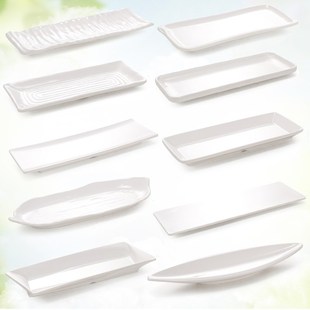 速发密胺锅方形盘子酒店餐厅寿司盘刺火摆盘白色创意身长长条平盘