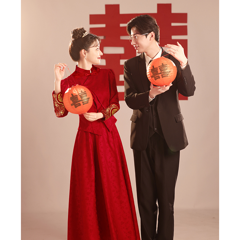 速发新中式敬酒服2024新款新娘酒红色秀禾服套装旗袍国风回门订婚