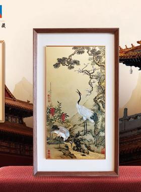 松梅双鹤宫廷非遗技艺古法金雕彩绘银版画玄关沙发背景墙装饰画