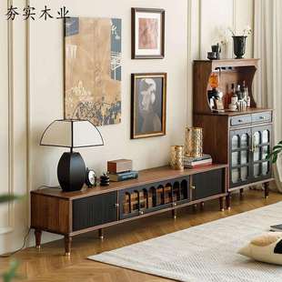 复古北美黑胡桃木电视柜黑色美式 法式 小户型客厅储物柜中古风家具
