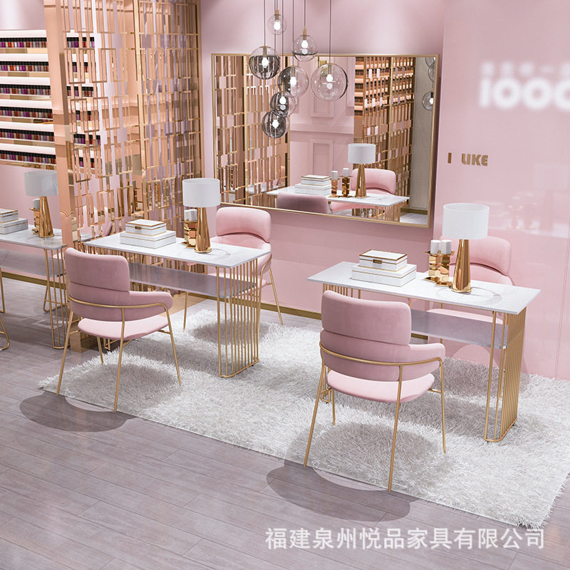 简约现代大理石美甲桌 化妆店梳妆美容美甲案台 家用双层美甲台