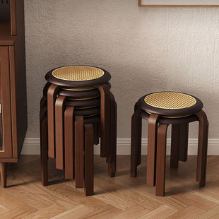新中式实木凳子藤编餐椅家用圆凳板凳可叠放餐厅饭店等位备用椅子