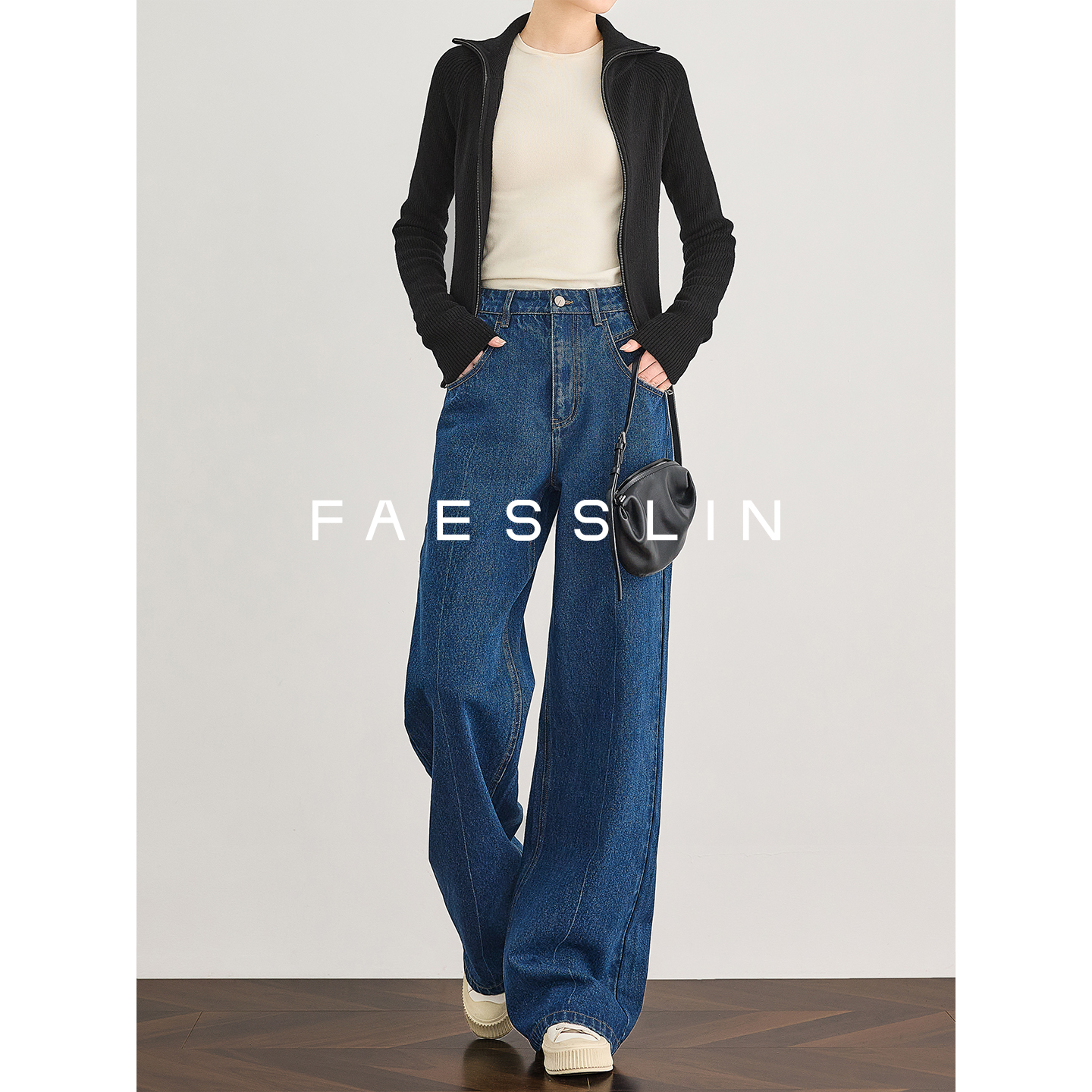 极简风高腰阔腿牛仔裤