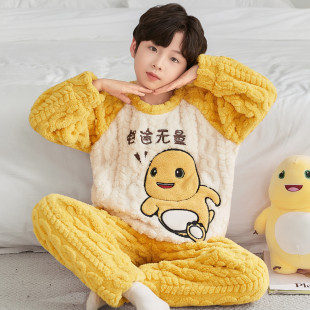 2025新款儿童睡衣秋冬季珊瑚法兰绒男童男孩加厚中大童家居服保暖