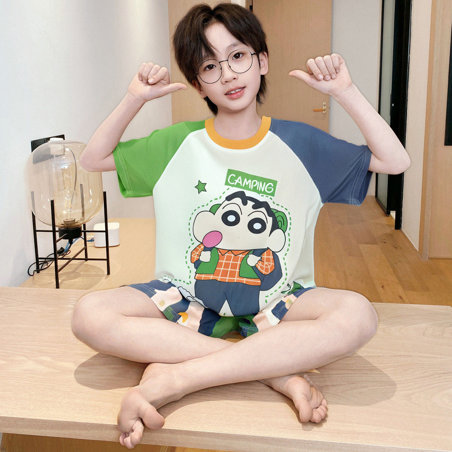 夏季男童短袖睡衣冰丝薄款宽松家居服套装小童卡通网红空调服凉感
