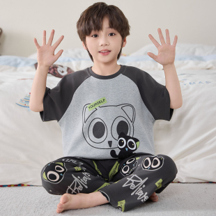 男童纯棉短袖长裤睡衣夏季薄款卡通家居服中大童套装空调服青少年