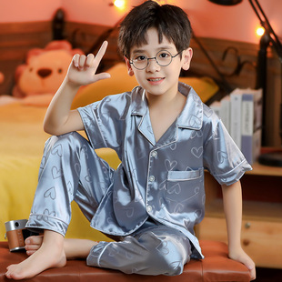 冰丝男童空调服薄款 长裤 中大童家居服网红 2025短袖 儿童睡衣男夏季