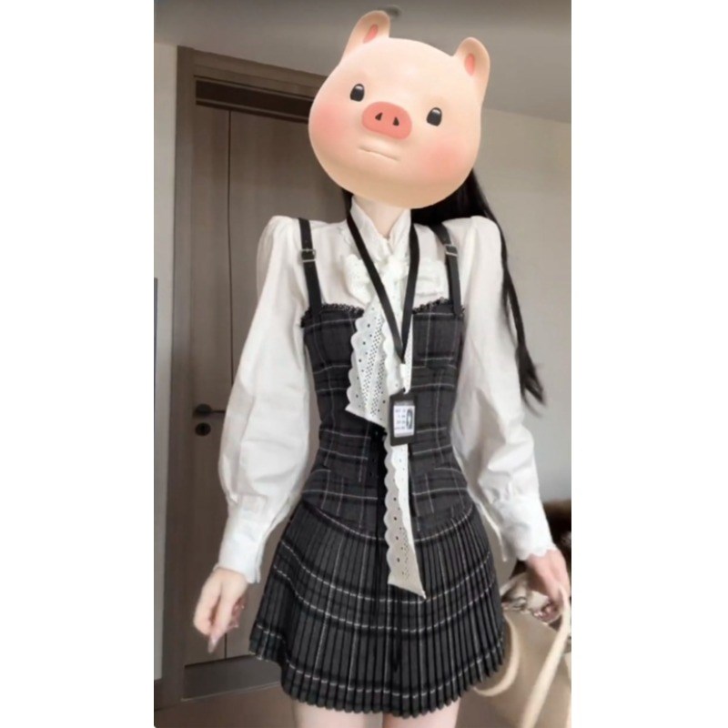 学院风衬衫格子三件套裙小个子独特绝美小套装一整套入秋ootd穿搭