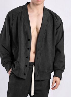 新款深V领开衫中国风肌肉男装个性穿搭潮流秋冬厚款卫衣休闲外套