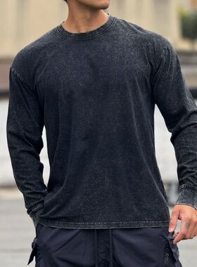 美式复古做旧长袖男士宽松棉质圆领秋冬水洗棉运动T恤