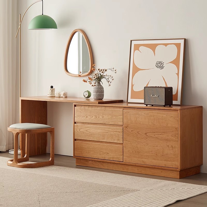 北欧全实木黑胡桃木梳妆台卧室简约化妆桌一体收纳柜樱桃木转角化