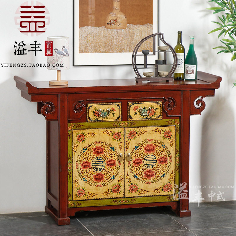 新中式家用玄关储物柜做旧餐边柜装饰柜门厅彩绘翘头案台两门鞋柜