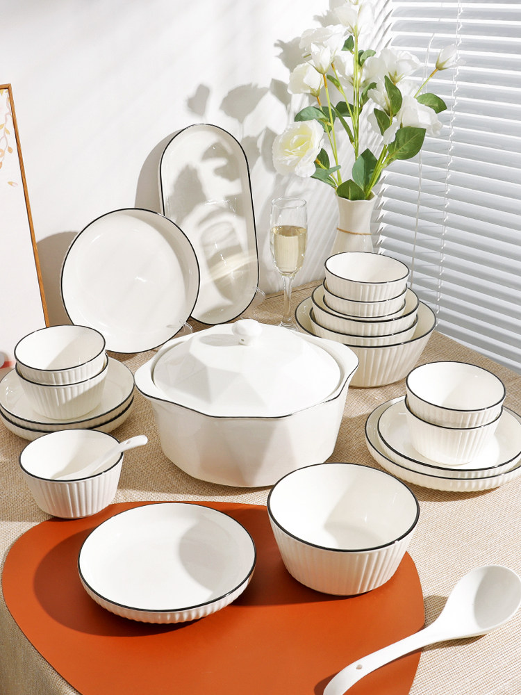 简约北欧风黑线4-10人陶瓷碗碟套装家用创意碗盘碗筷组合餐具竖纹