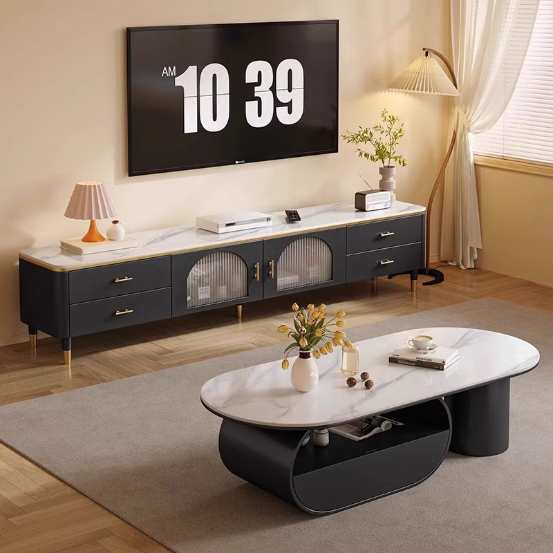 轻奢高级客厅岩板茶几简约意式现代设计师椭圆形岩板茶几带抽屉