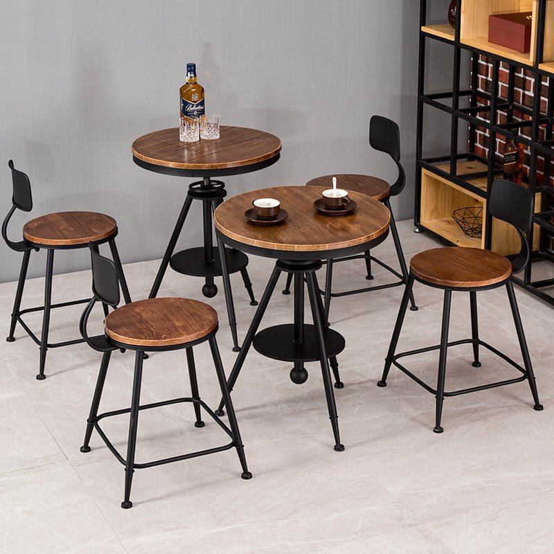 美式铁艺休闲桌椅组合简约复古酒吧咖啡馆阳台升降实木迷你小圆桌