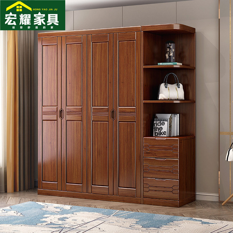 胡桃木新中式实木衣柜现代简约四门五门六门卧室家用经济型储物柜