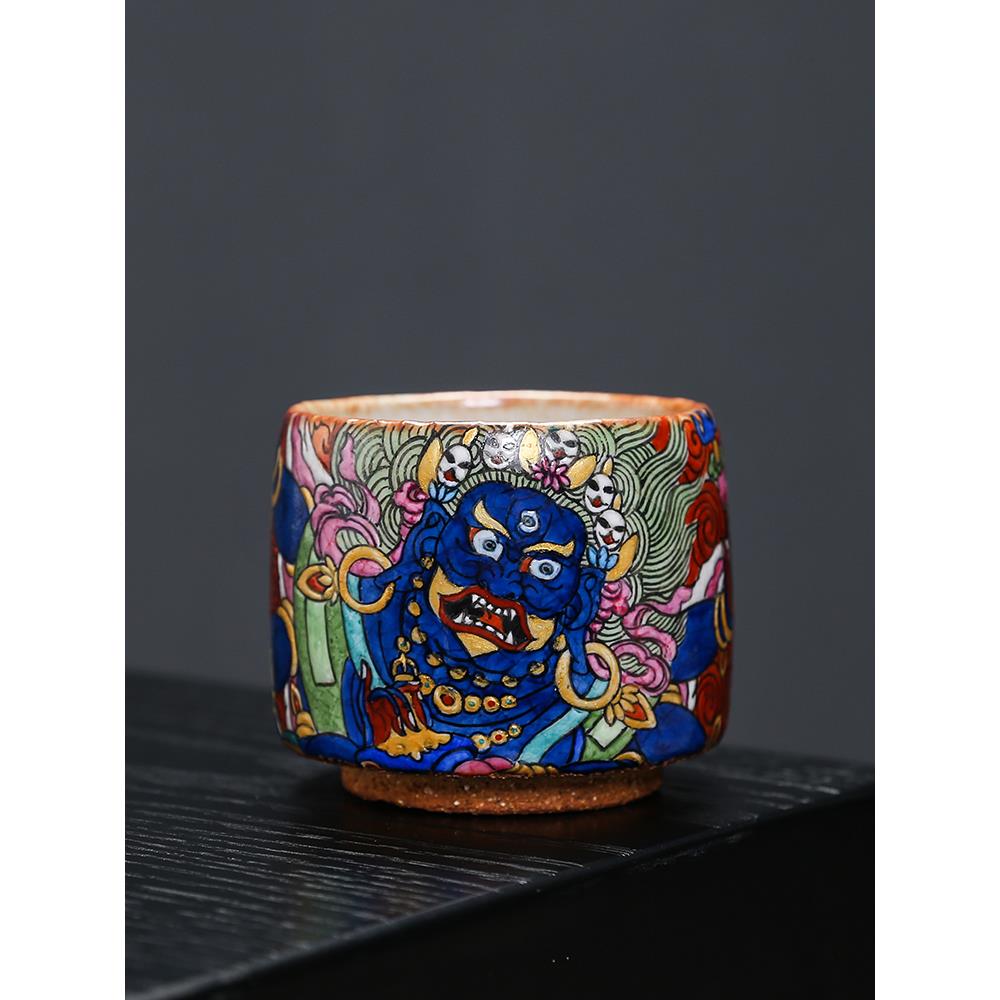 景德镇柴烧匣钵志野主人杯手绘唐卡大黑天茶杯手工单杯高端品茗杯
