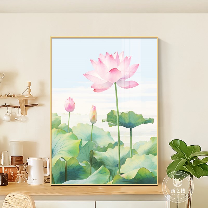 和气生财现代简约客厅装饰画晶瓷写实G桌面摆画高级感荷花玄关挂
