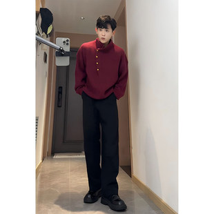酒红色半高领毛衣男款冬r季慵懒风高级感宽松针织衫新中式男装外