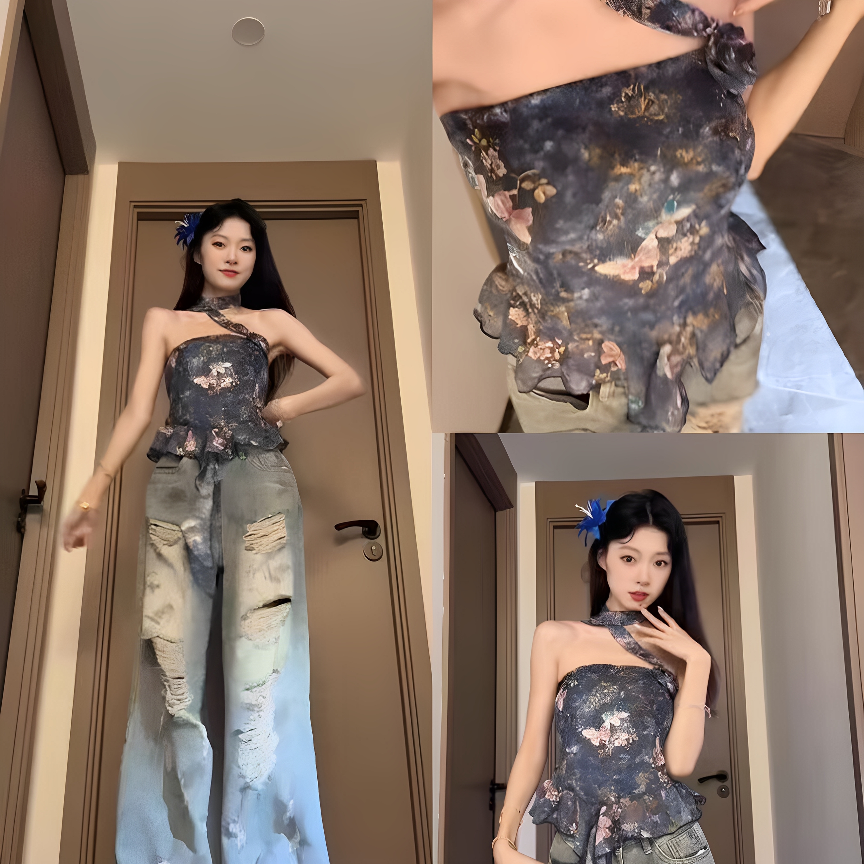 法式气质蝴蝶花朵印花抹胸背心女夏季辣妹小个子减龄短款绝美上衣