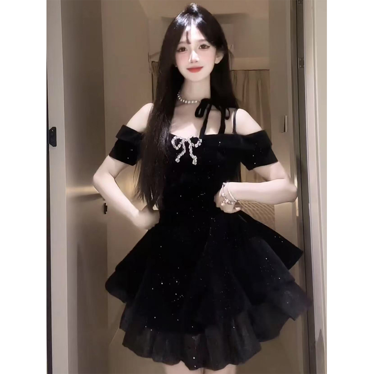 法式高级感黑色连衣裙女夏季生日party小礼服裙收腰公主蓬蓬裙子