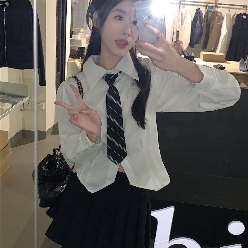 现货大码学院风法式白色领带衬衫女设计感小众正肩上衣胖Zmm短款