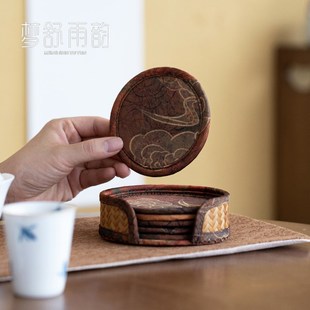 香云纱缎面手工竹编茶杯垫家用复古防烫隔热垫杯托功夫茶具零配件
