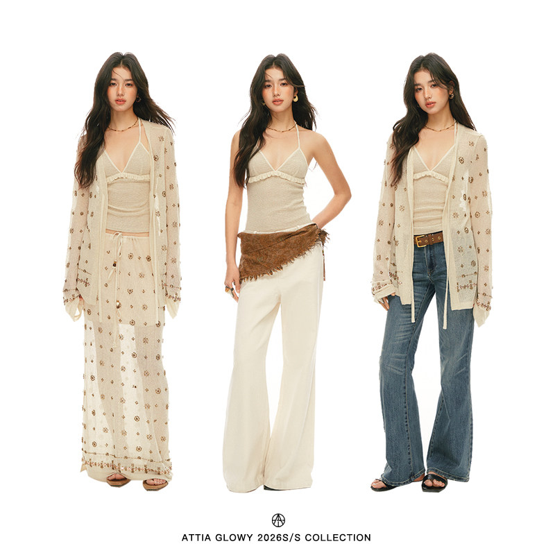 ATTIA GLOWY见过佩妮达 度假风微透针织开衫吊带套装女夏半身长裙