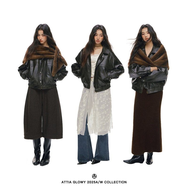 ATTIA GLOWY自由街区 哑光PU皮革古着短款皮衣夹克外套女夹棉棉服