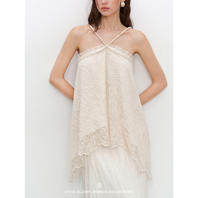 ATTIA GLOWY 定制浮雕蕾丝 手工天然石交叉挂脖上衣女夏宽松显瘦