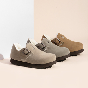 桑坡厚底勃肯鞋女鞋冬加绒羊皮毛一体雪地靴毛绒棉鞋防水2025新款