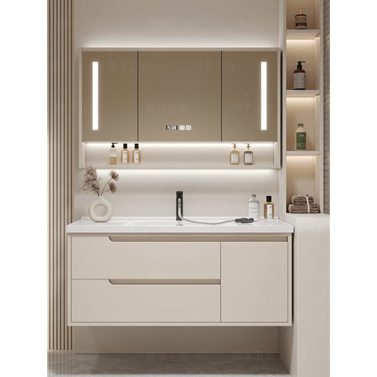 九牧官方旗舰北欧简约智能实木陶瓷一体盆卫生间浴室柜组合洗脸盆