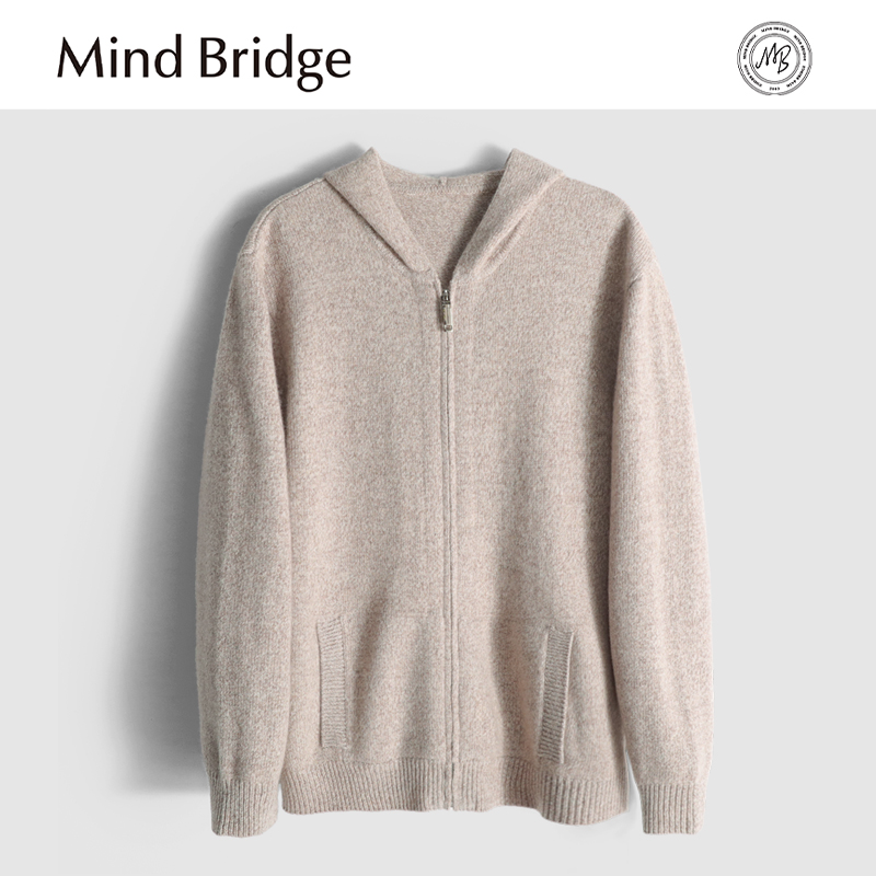 Mind Bridge2025秋季新款高端100%绵羊毛连帽针织卫衣开衫外套男