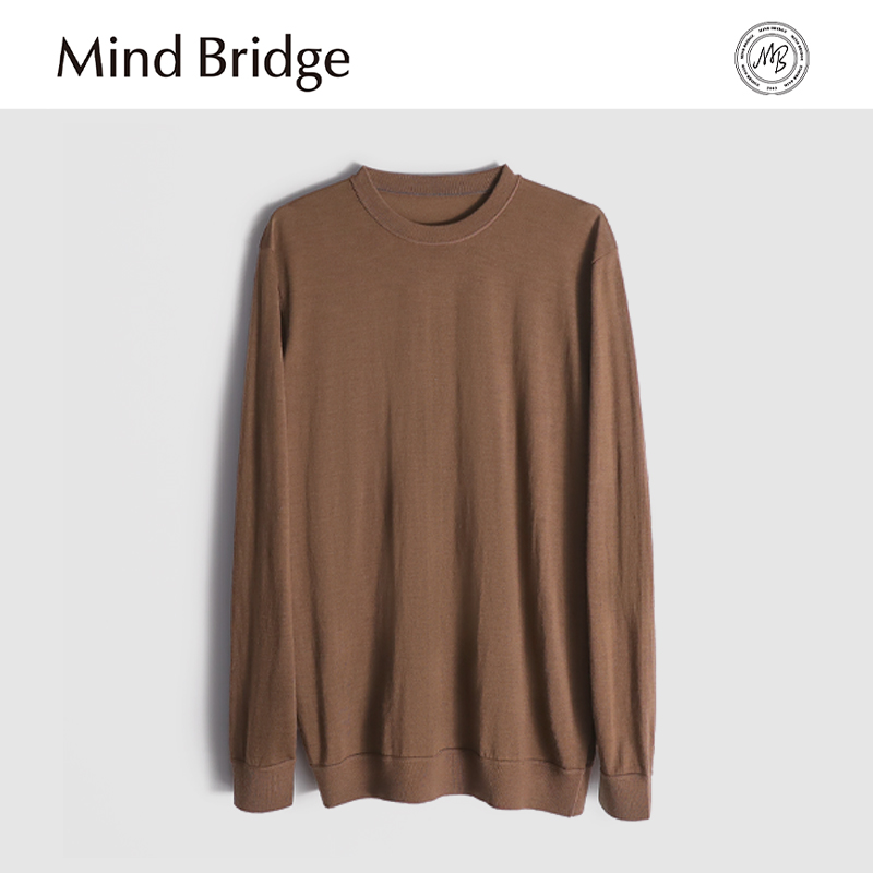 Mind Bridge100％绵羊毛男士羊毛针织衫秋冬季打底衫圆领弹力毛衣