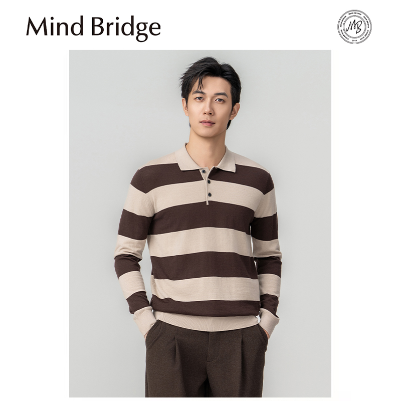 Mind Bridge条纹polo领毛衣男秋冬休闲宽松慵懒风套头针织衫外套
