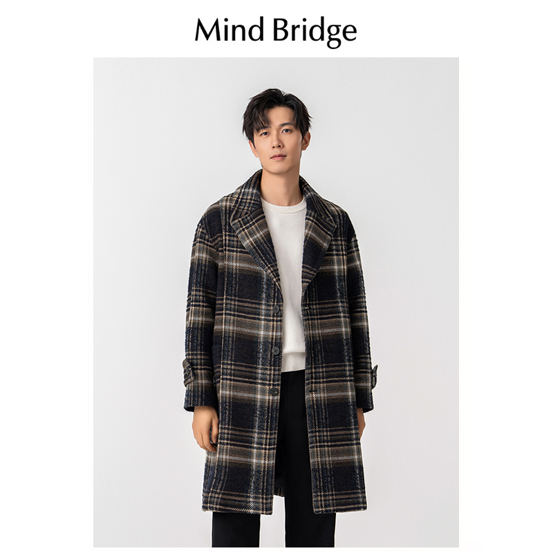 Mind Bridge2024秋冬新款羊毛男士毛呢大衣千鸟格中长款风衣外套