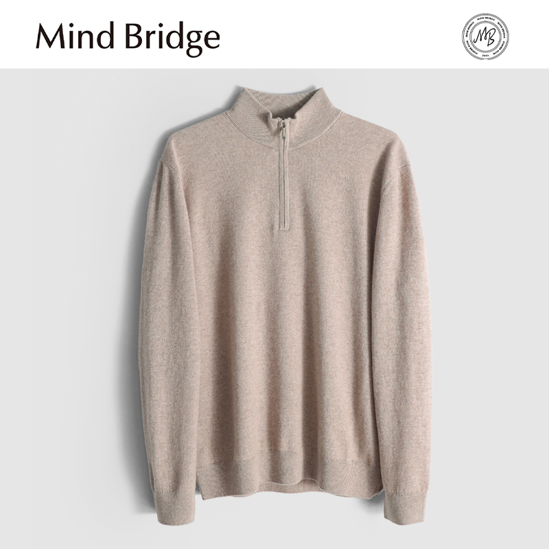 Mind Bridge2025秋季新款绵羊毛半拉练立领针织衫叠穿打底毛衣男