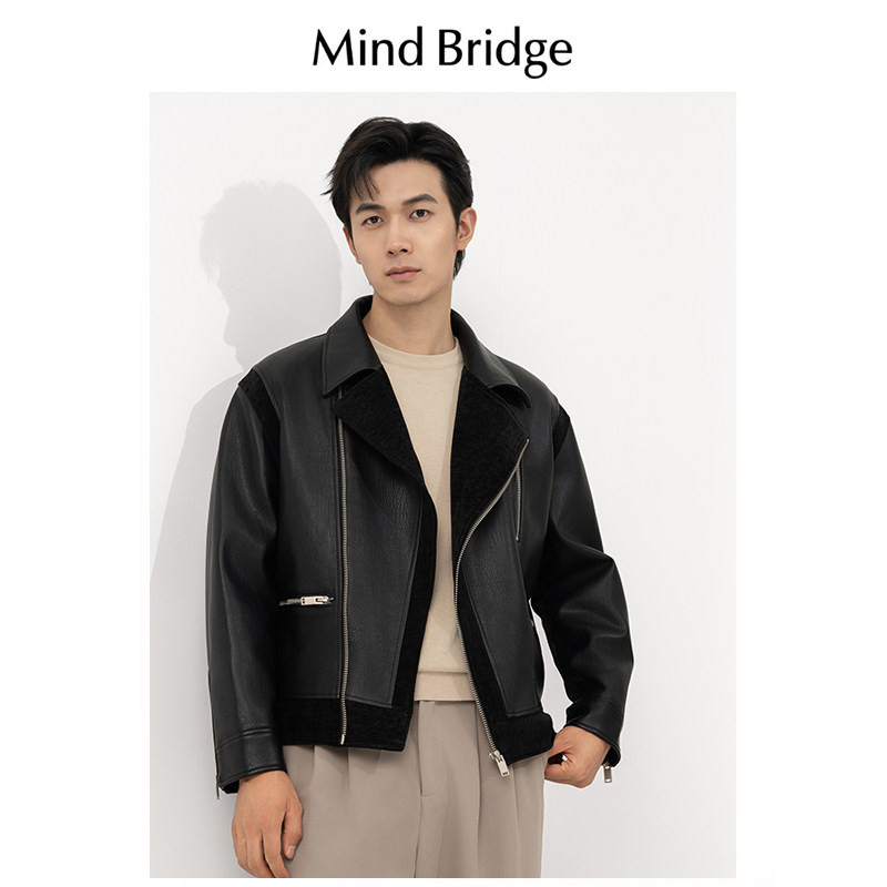 Mind Bridge美式美拉德黑色PU皮衣机车薄棉服男秋冬夹棉夹克外套