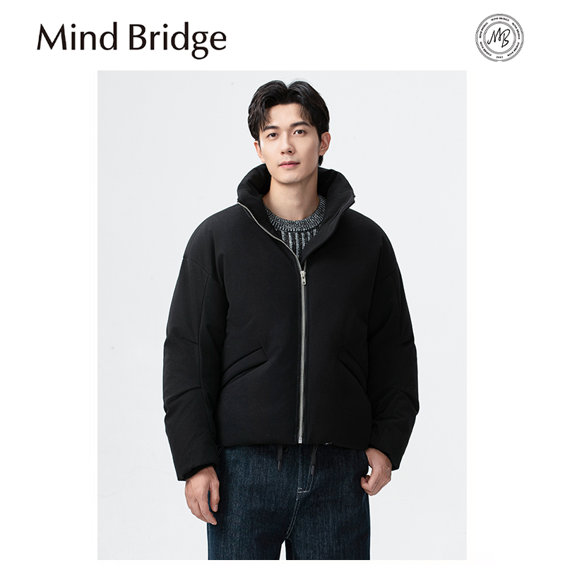 Mind Bridge2025冬季慵懒风男士宽松85鸭绒仿毛呢黑色羽绒服外套
