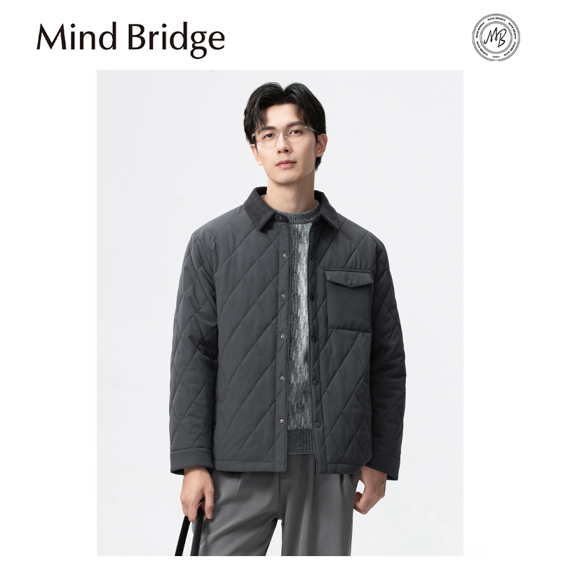 Mind Bridge2025秋冬季新款日系复古菱形格灯芯绒拼接翻领棉服男